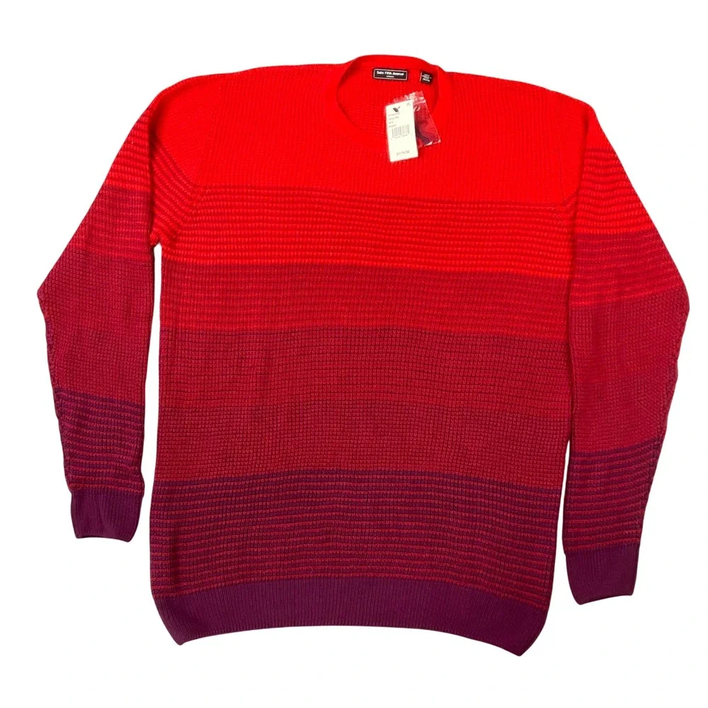 Saks Fifth Avenue Mens XXL Red Burgundy Ombre Waffle Knit Cotton Sweater Italy